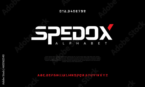 Spedox abstract digital technology logo font alphabet. Minimal modern urban fonts for logo, brand etc. Typography typeface uppercase lowercase and number. vector illustration