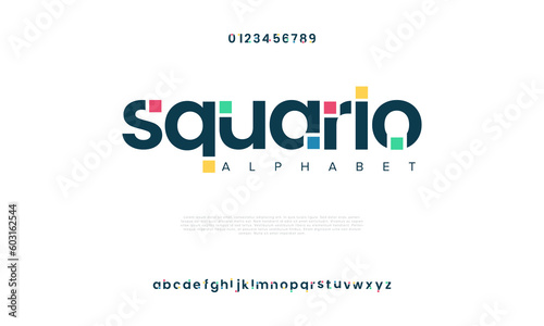 Squario abstract digital technology logo font alphabet. Minimal modern urban fonts for logo, brand etc. Typography typeface uppercase lowercase and number. vector illustration