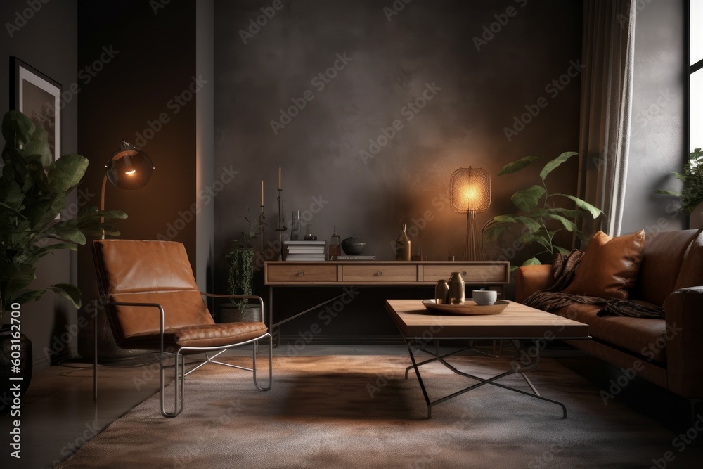 Style loft interior with leather armchair. AI generated, human enhanced Style loft interior with leather armchair. AI generated, human enhanced