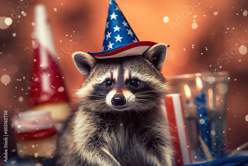 A raccoon wearing a patriotic hat sitting on a table. Generative AI.