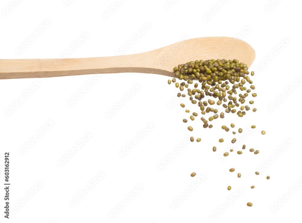 Green mung beans fall down in wooden spoon, green mung bean float explode, abstract cloud fly. Dried green mung beans splash throwing in Air. White background Isolated high speed shutter, freeze Green mung beans fall down in wooden spoon, green mung bean float explode, abstract cloud fly. Dried green mung beans splash throwing in Air. White background Isolated high speed shutter, freeze