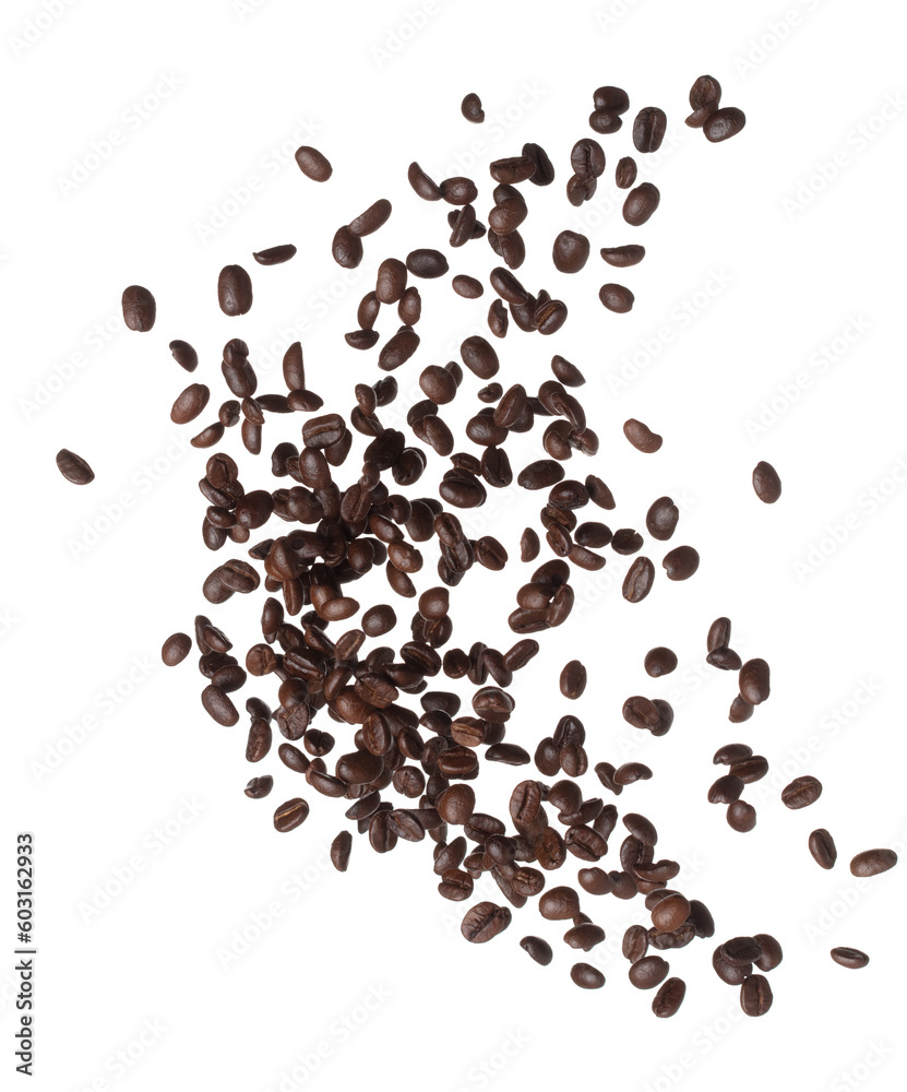 Coffee bean fly explosion, Coffee seeds float explode, abstract cloud fly. Coffee beans splash throwing in Air. White background Isolated high speed shutter, freeze motion Coffee bean fly explosion, Coffee seeds float explode, abstract cloud fly. Coffee beans splash throwing in Air. White background Isolated high speed shutter, freeze motion