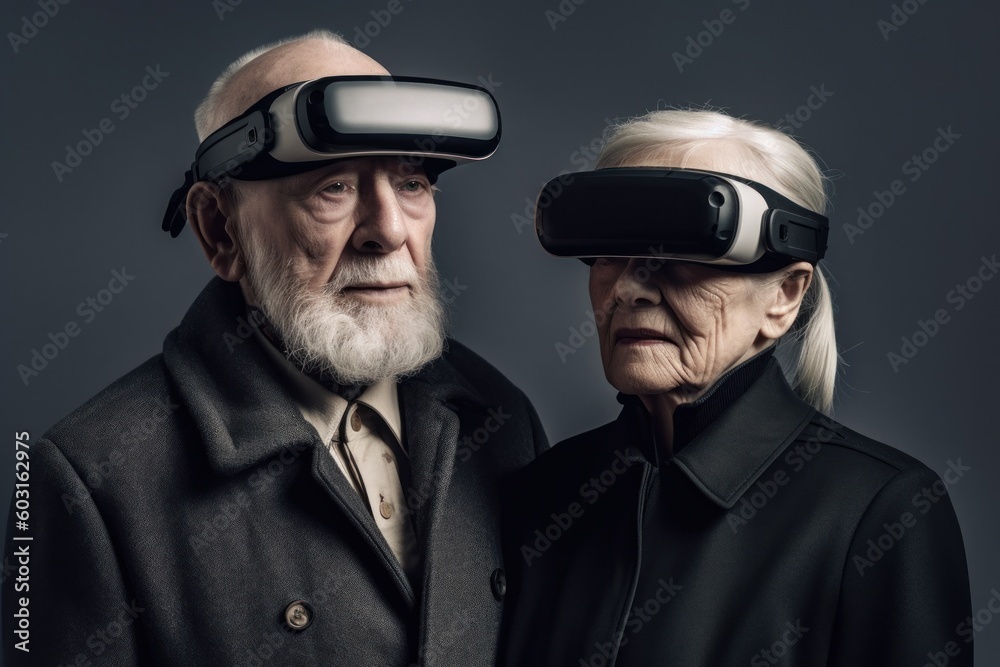 A couple of elderly people wearing virtual reality glasses. VR concept. AI generated, human enhanced A couple of elderly people wearing virtual reality glasses. VR concept. AI generated, human enhanced
