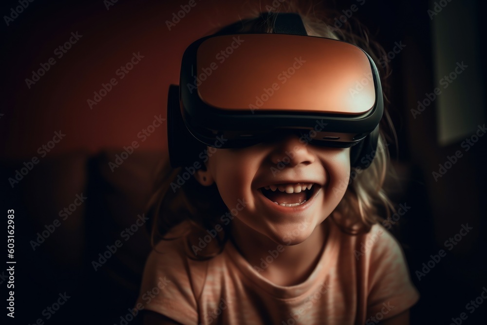 Girl child in virtual reality glasses. VR concept. AI generated, human enhanced Girl child in virtual reality glasses. VR concept. AI generated, human enhanced