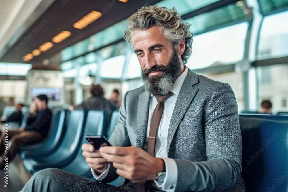 Male businessman with smartphone in airport lounge. AI generated, human enhanced. Male businessman with smartphone in airport lounge. AI generated, human enhanced.