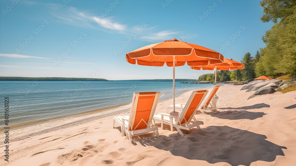 Beautiful beach scene. White sand, chairs and umbrella travel tourism wide panorama background concept. Amazing beach landscape. copy space 