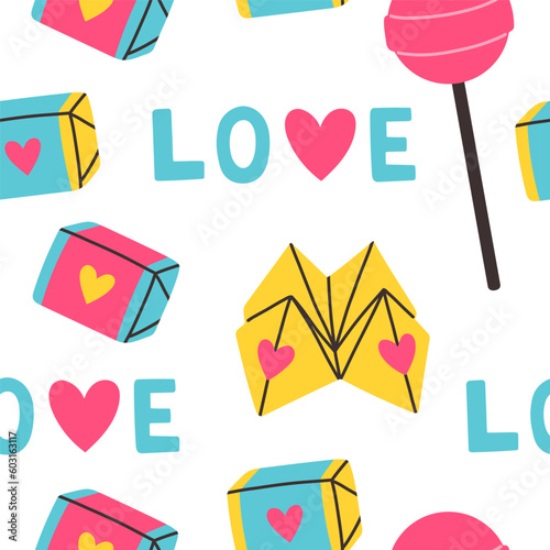 90s seamless pattern with lollipop, bubble gum on white background. Vector in cartoon 80s 90s pop art comic style.