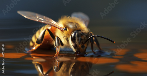 Bee drinking water banner. Generative AI.