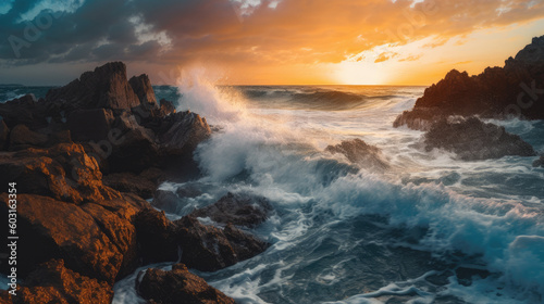 sunset over the sea crashing waves on rocks 