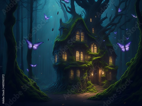 Fantasy enchanted forest with magical luminous plants, built ancient mighty trees covered with moss, with beautiful houses, butterflies and fireflies fly in the air. Generative AI