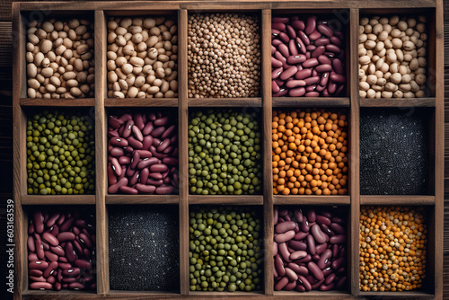 A wooden box filled with assorted beans and beans. Generative AI. © tilialucida