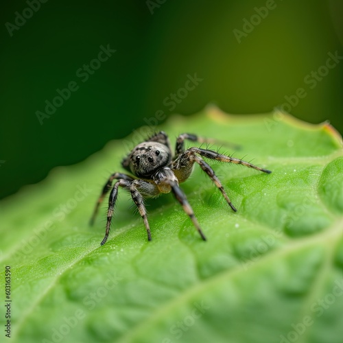 A Detail of Nature: Close-up Macro of a Small Hairy Fly, a.k.a Spider, on a Green Leaf. Generative AI