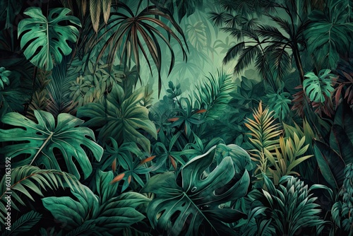 A Colourful Tropical Jungle Nature Wallpaper for a Green Background Art. Generative AI