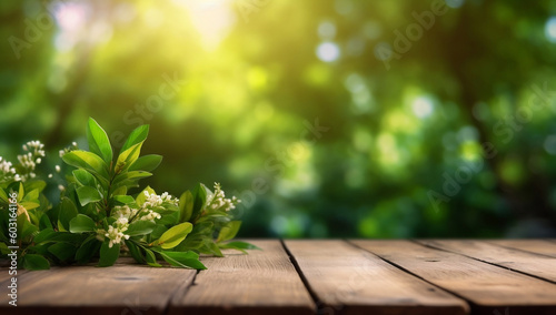 Serene Spring  A Background of Juicy Green Foliage  Wooden Table  and Natural Bokeh  generative AI
