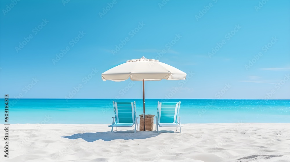 Beautiful beach scene. Aqua blue chairs and umbrella travel tourism wide panorama background concept. Amazing beach landscape. copy space 