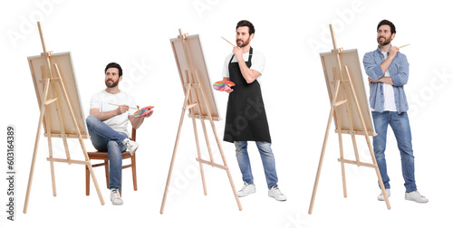 Collage with photos of painter near easel on white background