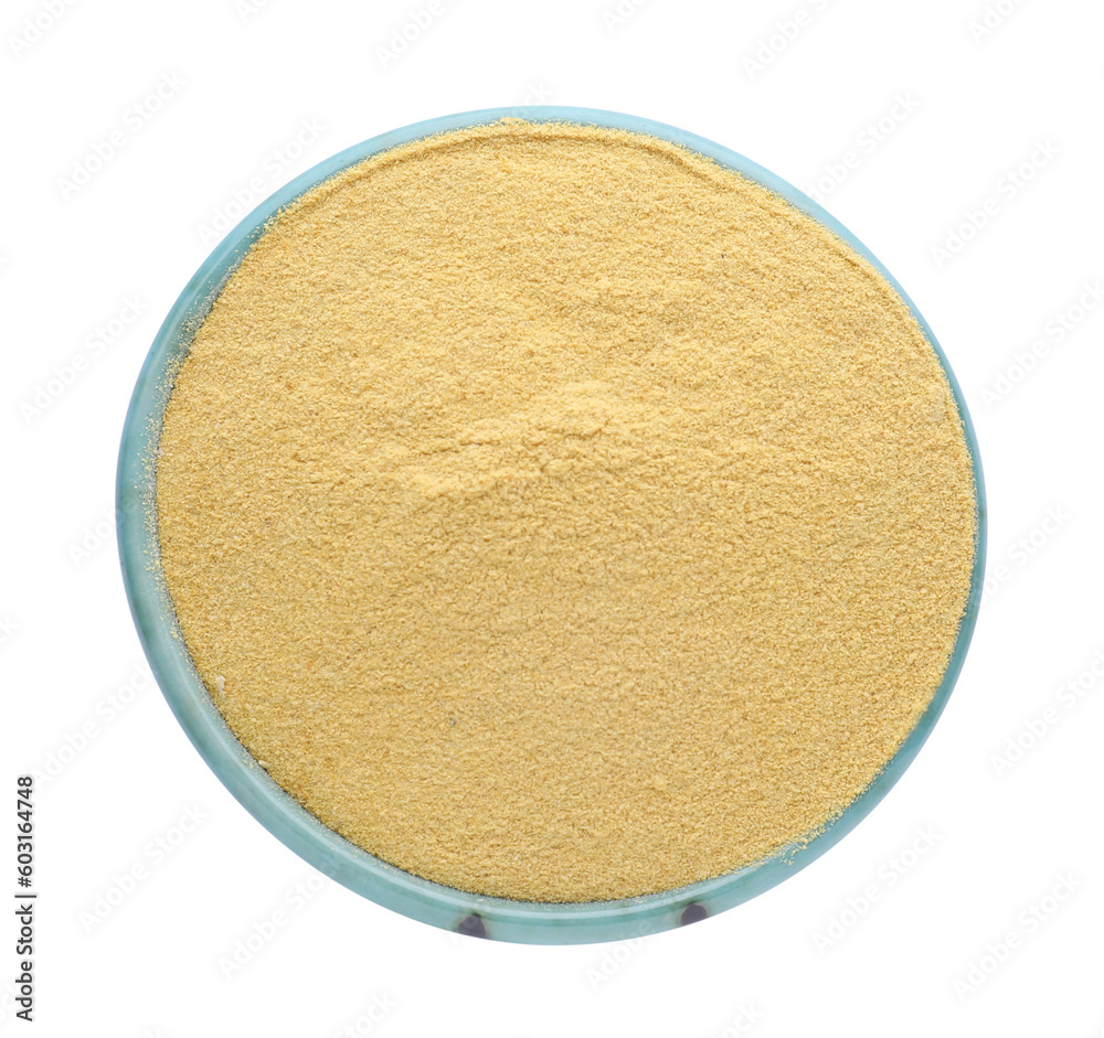 Brewer's yeast powder in bowl isolated on white, top view Brewer's yeast powder in bowl isolated on white, top view