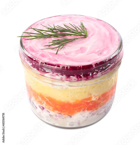 Jar with herring under fur coat isolated on white. Traditional Russian salad