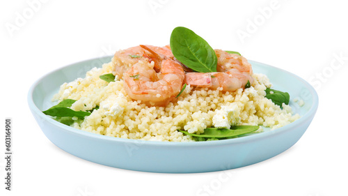 Plate of delicious couscous with shrimps and spinach isolated on white