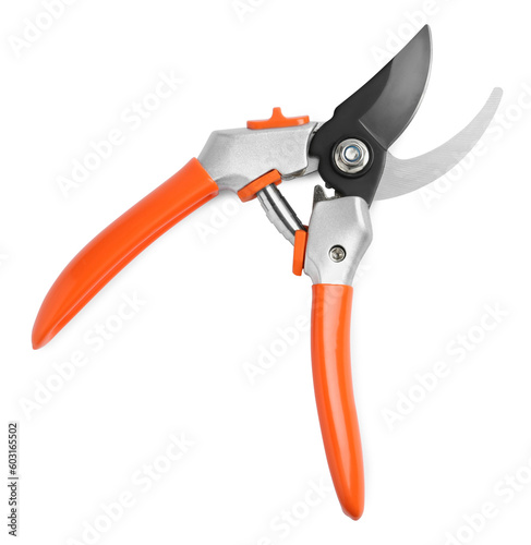 Secateurs with orange handles isolated on white, top view. Gardening tool