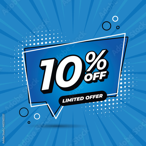 10 percent discount. 10%OFF
Blue banner with floating balloon for promotions and offers.