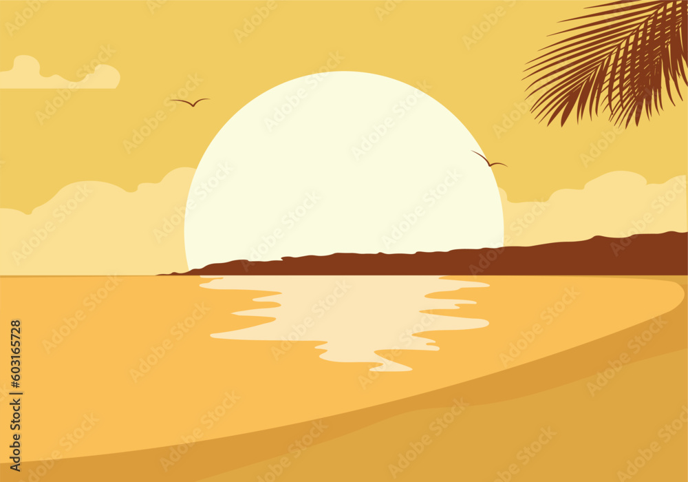 sunset on the beac. Beach at sunset. Sunset vector illustration
