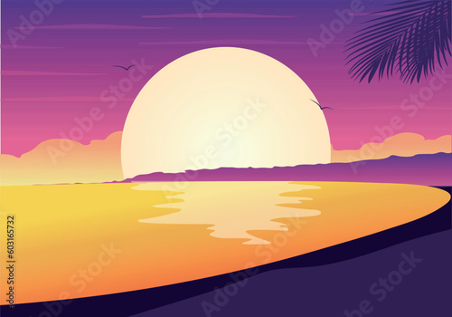 sunset over the sea. Beach at sunset. Sunset vector illustration