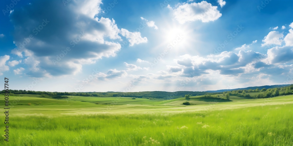 Vibrant Summer Landscape with Blue Skies and Sun on a Warm Day, generative AI