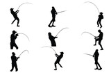 set of silhouettes fishing man