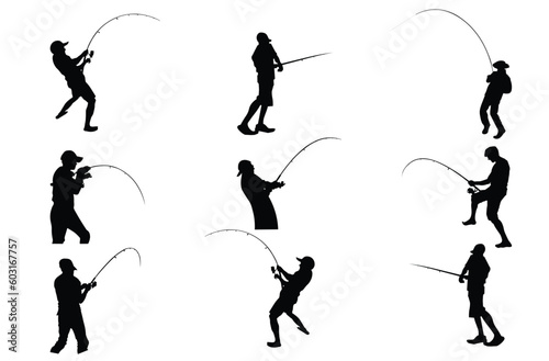 set of silhouettes fishing man