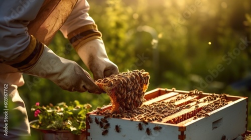 beekeeper tending to a beehive generative ai photo