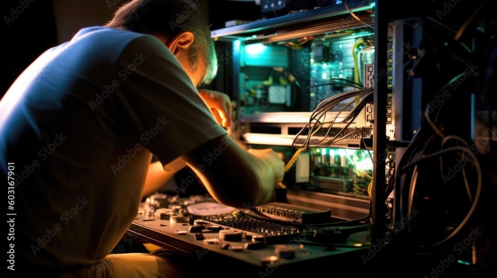 computer technician repairing a computer. generative ai computer technician repairing a computer. generative ai