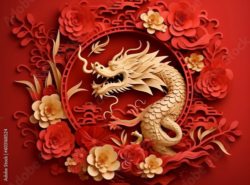 Gold and red paper cut style Dragon zodiac and flower celebrating Chinese New Year, generative AI