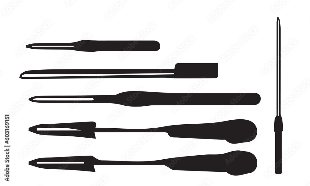A black-and-white image of different tools including a knife. A black-and-white image of different tools including a knife.