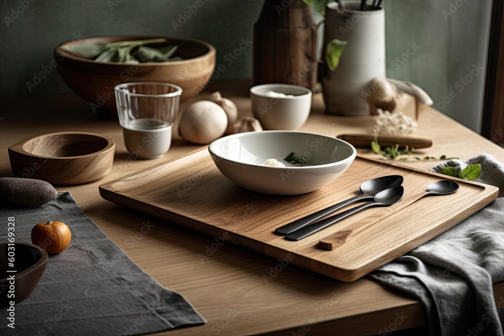 Place a tray, a dish, and a fork on the table. background for a food product montage in a kitchen workspace and desk, which can be used to display or montage any of your items. mockup. Generative AI Place a tray, a dish, and a fork on the table. background for a food product montage in a kitchen workspace and desk, which can be used to display or montage any of your items. mockup. Generative AI