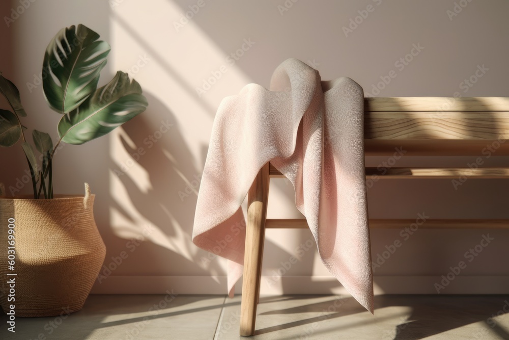 Realistic close up of a simple oak wood seat with a cotton pastel pink throw blanket, a background of an empty beige wall with shadows cast by greenery. Sunlight's overlay template for Generative AI