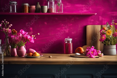 picture of a kitchen room with viva magenta wall paneling  a wooden shelf  and flowers. Generative AI