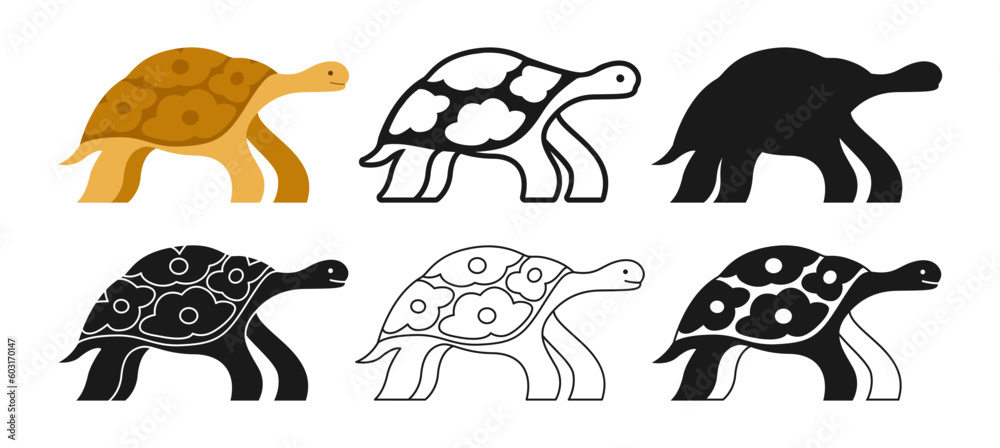 Tortoise wild reptile cartoon style set. Tropical exotic turtle side view symbol, line doodle, stamp silhouette collection. Flat character amphibian animal icon. Hand drawn simple abstract zoo vector