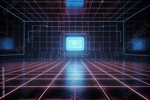 retro sci fi background with a futuristic grid. Generative AI