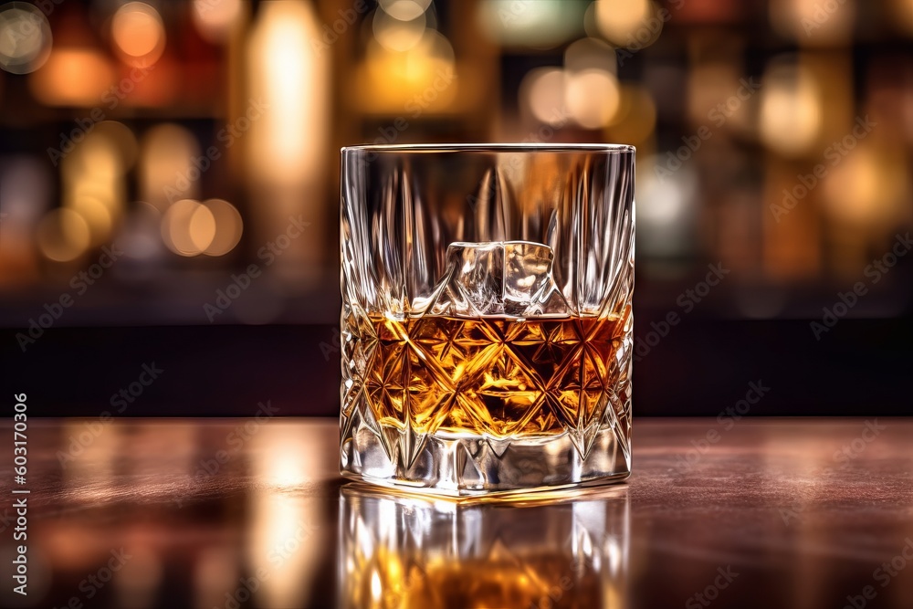 Relaxing Evening: Whiskey Glass on Bar Table with Blurred Background, Generative AI Relaxing Evening: Whiskey Glass on Bar Table with Blurred Background, Generative AI