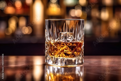 Relaxing Evening: Whiskey Glass on Bar Table with Blurred Background, Generative AI