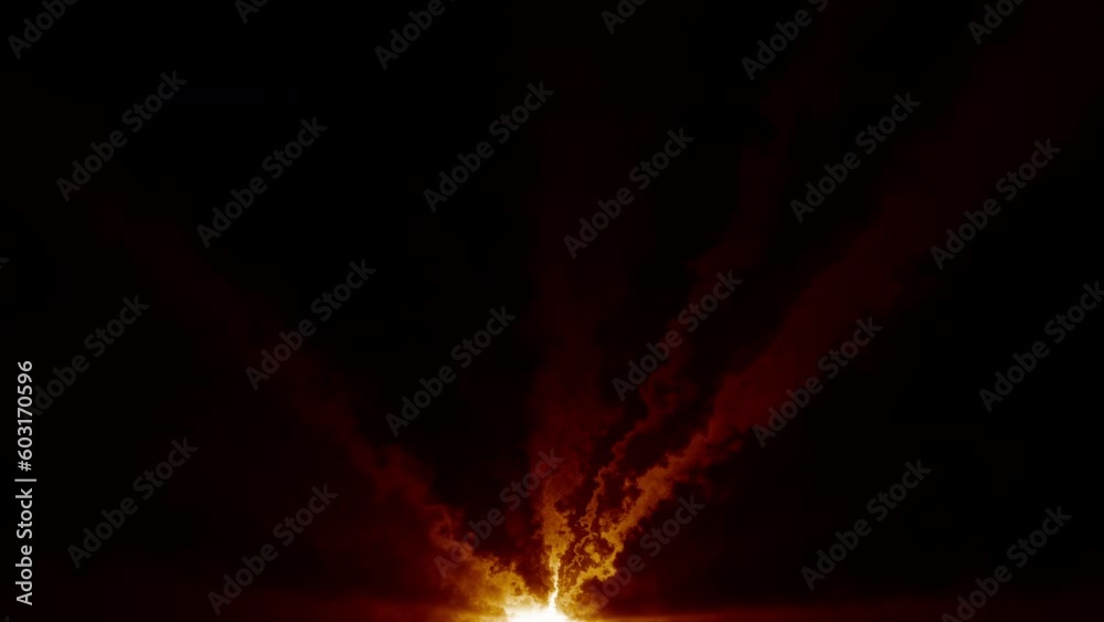 Abstract loop bottom center glow orange red  smoke clouds flare light shine rays animation art on black background. Lighting lamp rays effect dynamic red hue color bright 