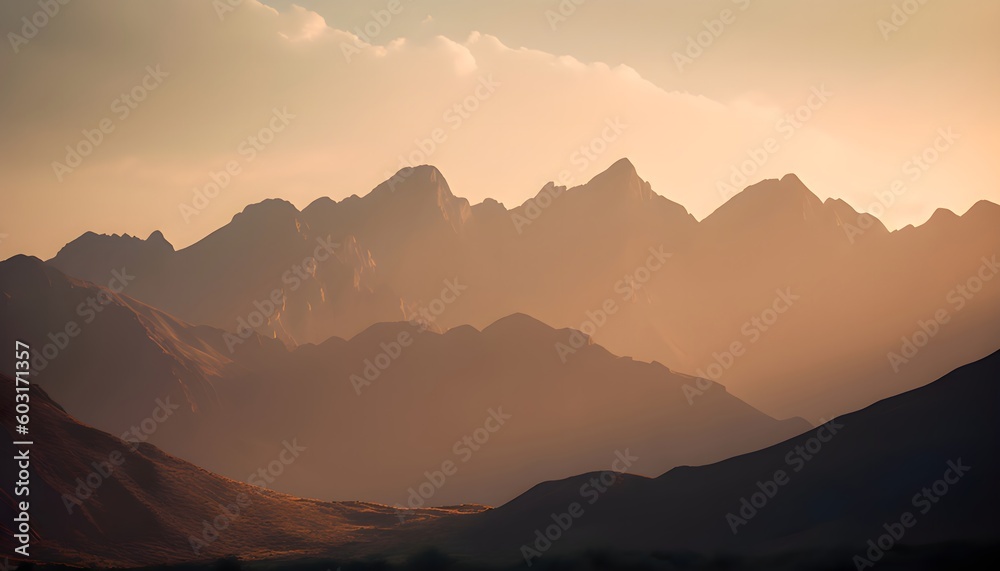 Golden Hour Majesty: A Captivatingly Breathtaking Landscape Depicting a Majestic Mountain Range, Artfully Captured with a 50mm Focal Length to Emphasize the Enchanting Play of Generative AI