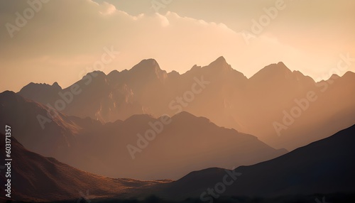 Golden Hour Majesty: A Captivatingly Breathtaking Landscape Depicting a Majestic Mountain Range, Artfully Captured with a 50mm Focal Length to Emphasize the Enchanting Play of Generative AI