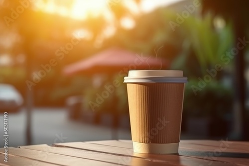 Paper cup of coffee on top of coffee shop table with sunlight and blurred background  Generative AI