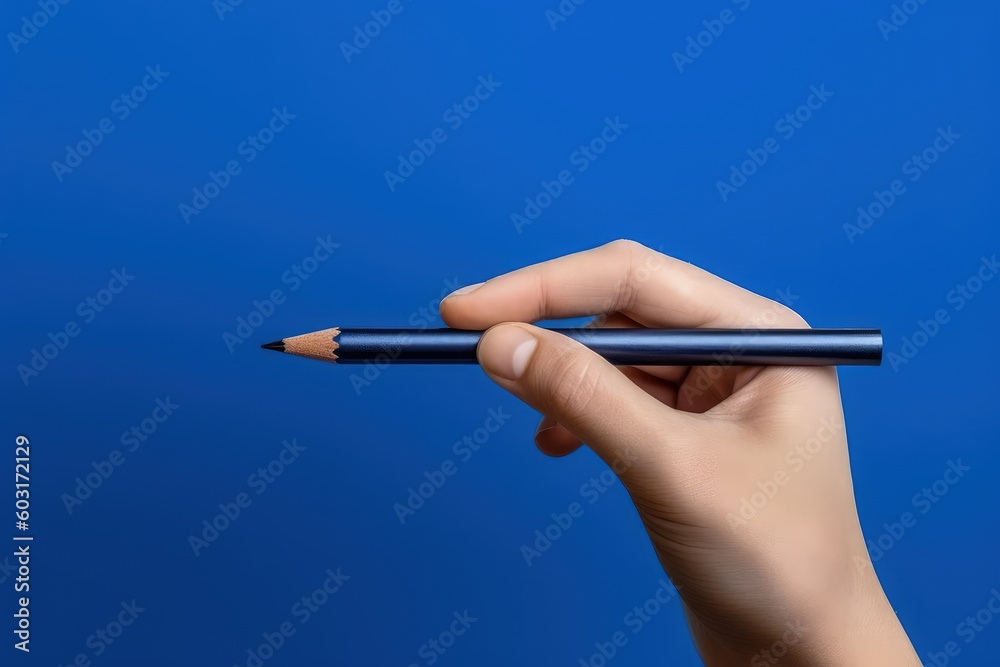 Hand with pencil isolated on blue background, Generative AI Hand with pencil isolated on blue background, Generative AI