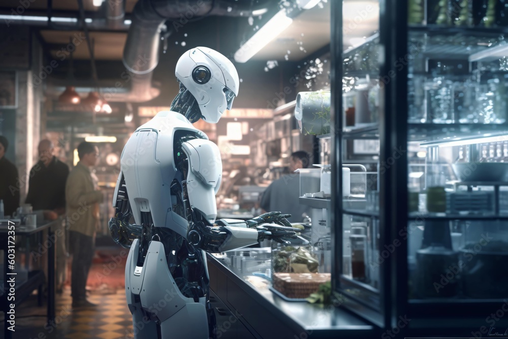 Obraz premium capturing a humanoid robot in a laboratory setting, surrounded by cutting-edge technology. Made by genrative AI.