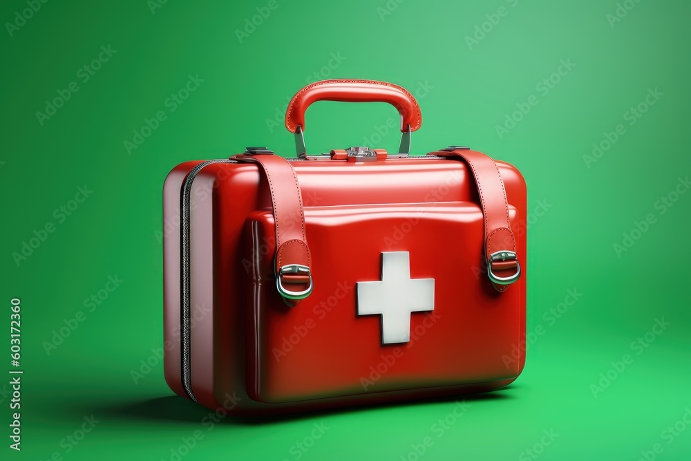 First Aid Kit isolated on green background, red medical bag, Generative AI First Aid Kit isolated on green background, red medical bag, Generative AI