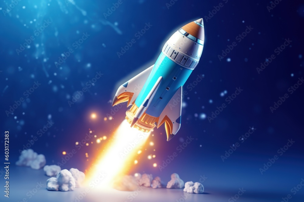 Rocket taking off, isolated on blue background, startup concept, Generative AI
