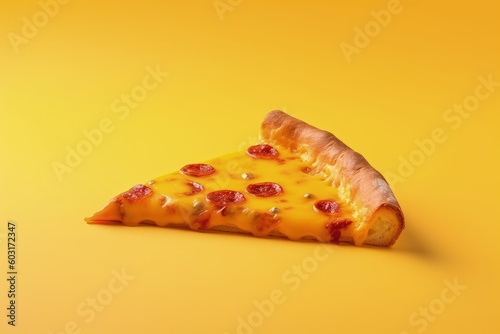 Pizza slice on yellow background, pepperoni pizza Generative AI